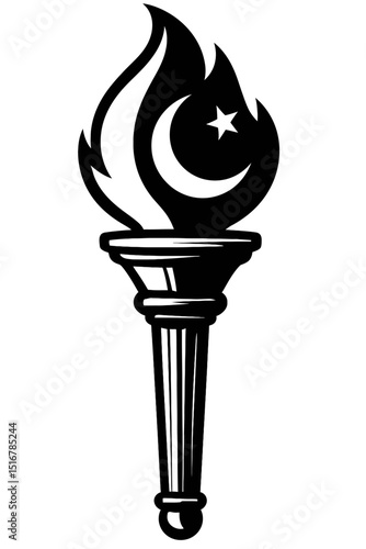 Enlightening Black and White Islamic Crescent Moon and Star Torch Vector - Symbolic Flame of Guidance, Freedom, and Religious or National Identity Designs