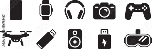 Silhouette Style Gadgets and Devices Icons Set on Black Background Vector Illustration for Modern Technology Concepts