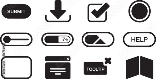 UI Element Set Flat Style Black Background Submit Download Checkbox Circle Slider Battery Help Tooltip Window Book