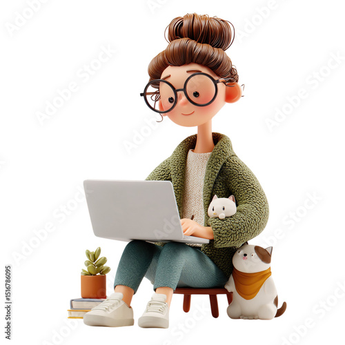 Woman works laptop with pets nearby.