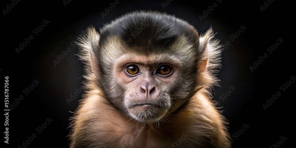 Naklejka premium A Young Primate's Intense Gaze A Close-Up Portrait Against a Dark Background
