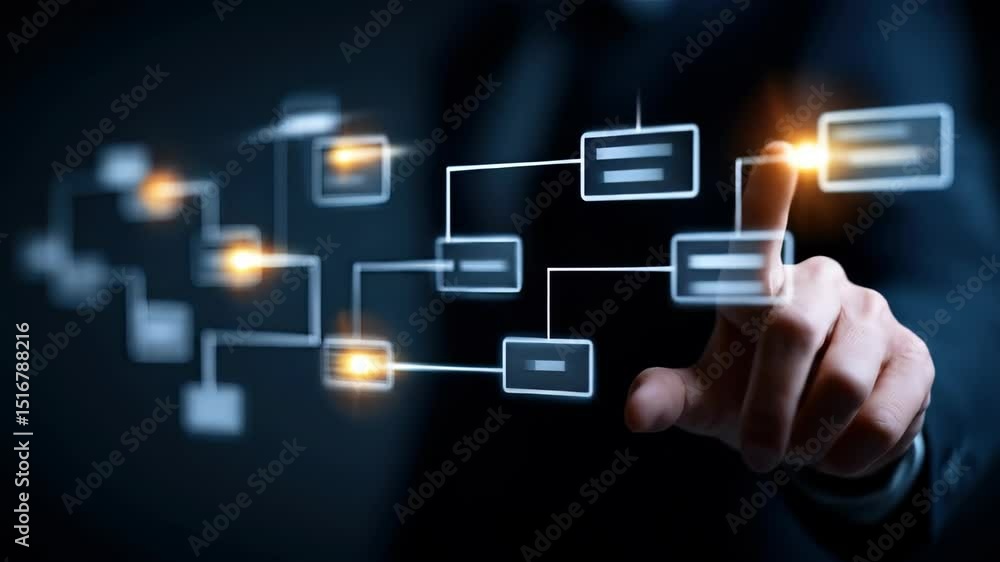 Hand touches illuminated flowchart nodes representing complex data connections against a dark backdrop