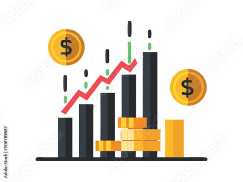 Financial growth chart with coins isolated on white background
