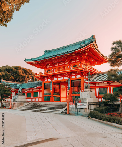 Beautiful Japanese shrine with vibrant architecture during sunset in Kyoto
