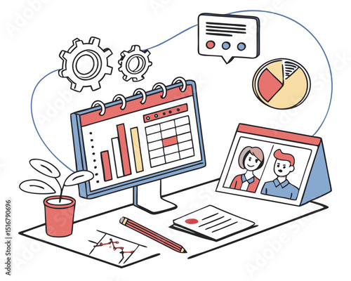 Online Business Management & Planning Concept: Documents, Communication, Reports - Vector Illustration for Web Banners, Social Media, Presentations