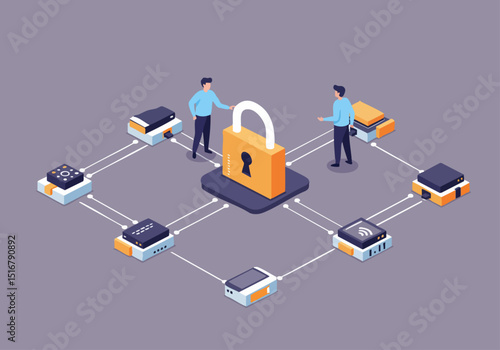 Isometric illustration depicting device security with interconnected devices and prominent padlock Two professionals observe the network conveying data protection and digital safety 