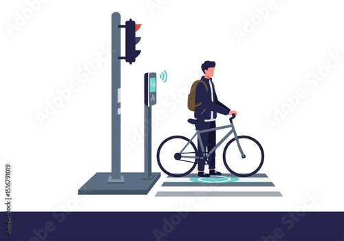 A young man waits at a smart bike crossing, holding his backpack. Modern street scene with a digital display. Clean, illustrative style.