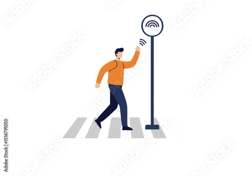 A man walks across a crosswalk, utilizing a smart street signal. Modern illustration style, safe walk concept. Clean, bright design.