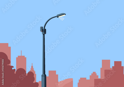 A modern street lamp with a sensor emits light over a cityscape. Clean, minimalist design. Ideal for smart city or technology concepts.