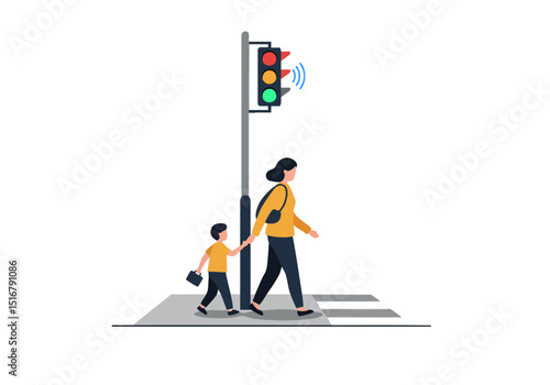 A mother and child cross a street at a pedestrian crossing with audio cues. Modern illustration, bright colors, family safety. Suitable for digital marketing and educational materials.