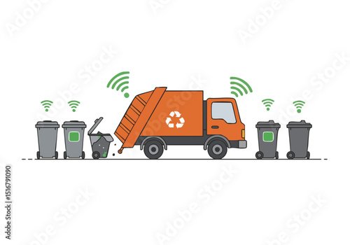 An orange waste truck efficiently collects recycling bins with Wi-Fi signals. Clean, modern illustration. Perfect for sustainability and technology themes.
