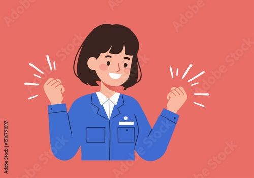 A smiling female professional confidently defends success, celebrating with raised hands. Bright, modern illustration style.
