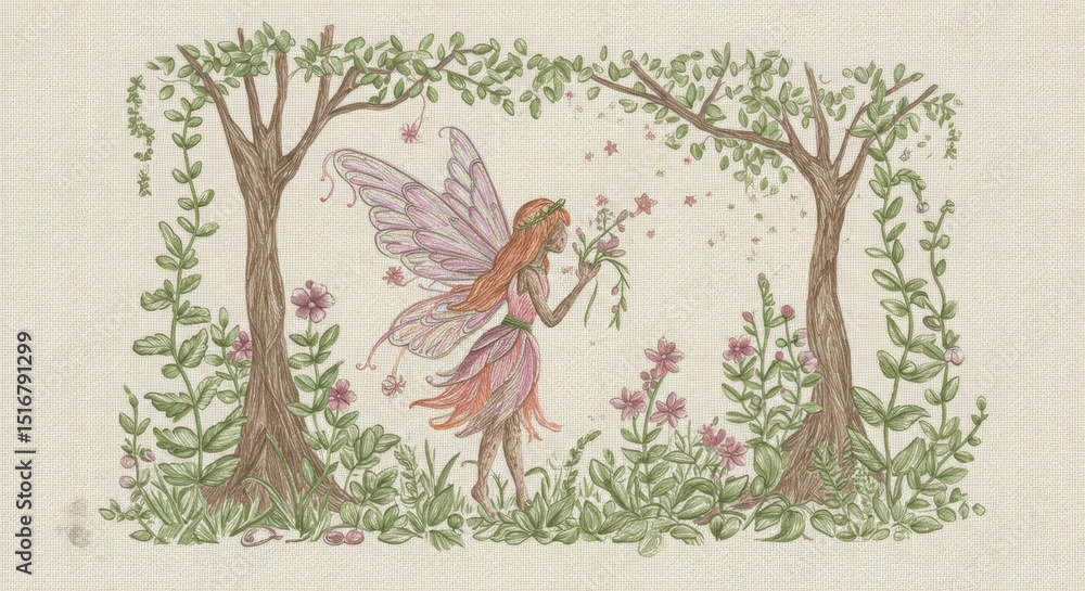 Obraz premium Fairy in a Magical Forest - Digital Embroidery Style Illustration