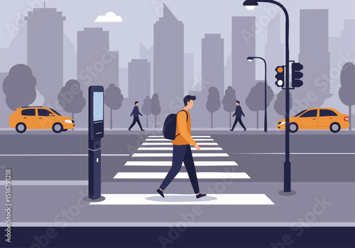stylish urban scene featuring a pedestrian crossing streetlights and a modern cityscape A man walks across the crosswalk highlighting urban life and technology Clean contemporary illustration