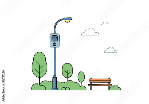 A stylized illustration depicts a park light with Wi-Fi connectivity, set against a pastel background with trees and a bench. Modern, minimalist design.