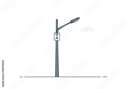 A stylized illustration depicts a smart street light with a wireless sensor, set against a blue sky with fluffy clouds. Modern, clean design. Ideal for technology and urban themes.