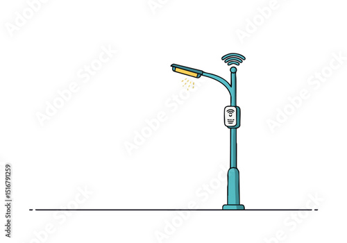 A stylized illustration depicts a smart streetlight emitting a subtle glow. Clean lines and a modern aesthetic create a visually appealing design. Perfect for tech or urban themes.