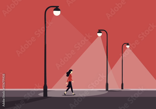 A woman walks along a city street illuminated by modern streetlights. The scene evokes a sense of urban tranquility and safety. Clean, graphic style.