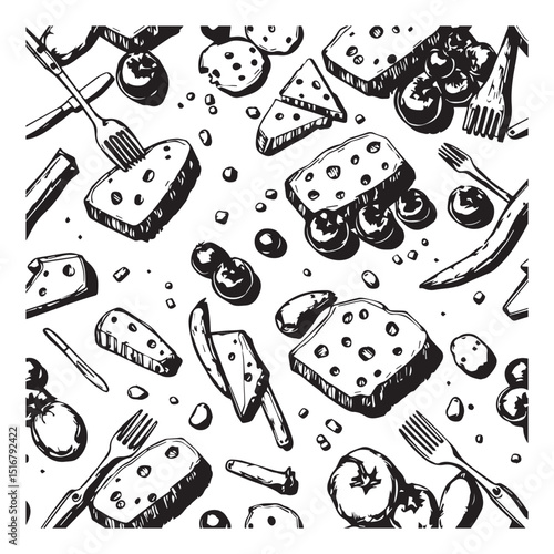 Black and white seamless pattern of cheese and bread