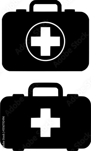 Bold black silhouette of a field medical kit with a red cross symbol