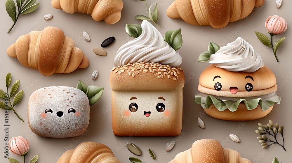 Cute smiling bread and croissant high resolution photo Cute smiling bread and croissant high resolution photo