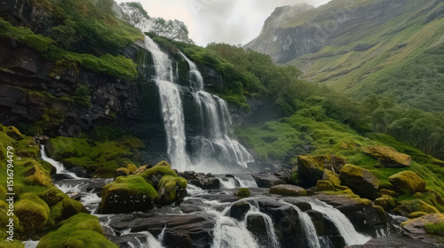 Lush green landscape featuring a majestic cascading waterfall and misty ambiance