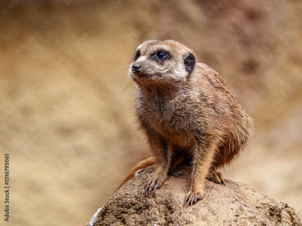 Fototapeta premium Curious Meerkat Standing Alert on a Rock in Natural Habitat