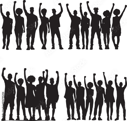 Silhouettes of People Raising Their Fists in Unity, Symbolizing Protest, Power, Solidarity, and Social Justice Movements