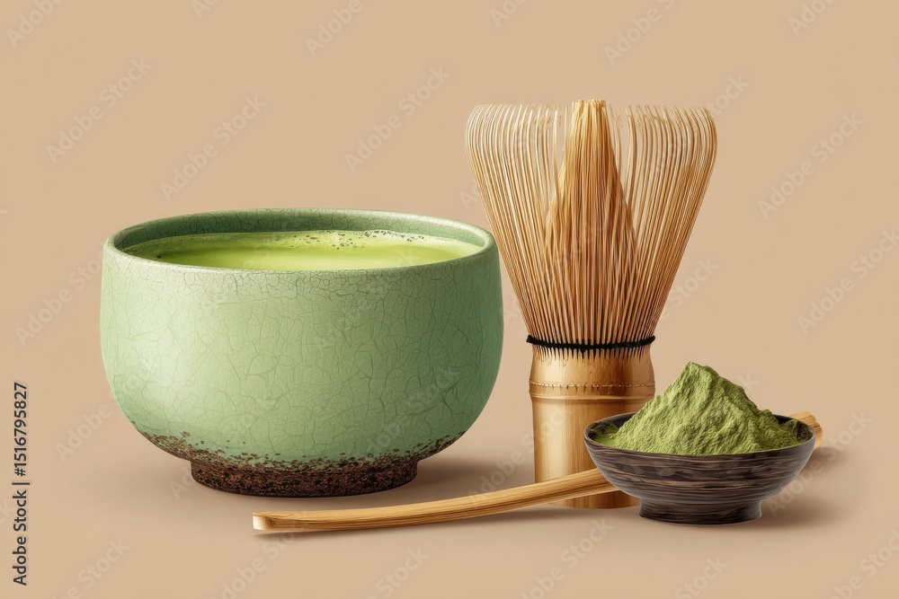 Matcha tea preparation scene featuring a green bowl, bamboo whisk, and powdered matcha in a wooden dish, showcasing traditional Japanese tea culture and vibrant colors Matcha tea preparation scene featuring a green bowl, bamboo whisk, and powdered matcha in a wooden dish, showcasing traditional Japanese tea culture and vibrant colors