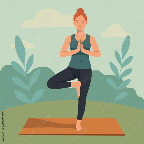 A focused woman is practicing yoga in the tree pose on a mat outdoors.