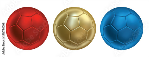 3d soccer balls icons red, gold and blue color.. 3d vector render Symbol or emblem football . Vector illustration