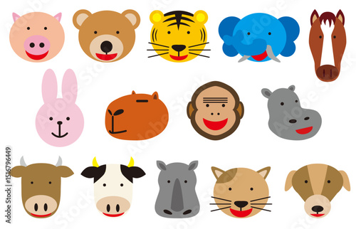 ロゴ,アイコン等にも使える、かわいい色々な動物の顔をデザインしたベクターのイラストのコレクション