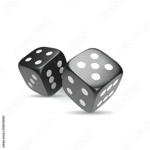 Black photorealistic 3d cube for games. Dice icon in flight closeup isolated on white background. Vector illustration.