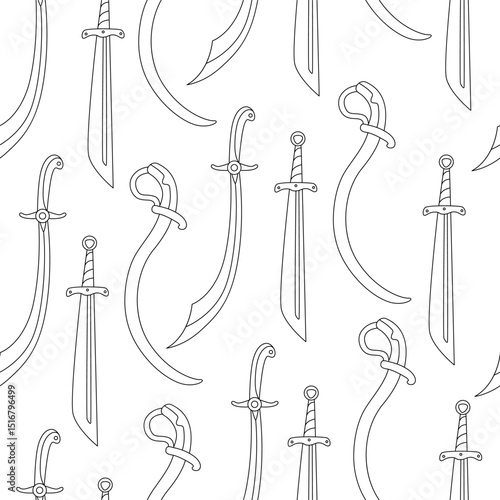 Seamless pattern with hand drawn sabres and scimitars in black outline style. Doodle vector illustration perfect for fantasy textiles, medieval-themed fabric, or coloring projects.