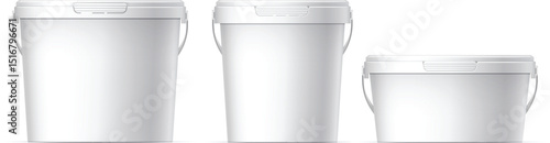 White plastic set bucket with White lid. Product Packaging For food, foodstuff or paints, adhesives, sealants, primers, putty. MockUp Template For Your Design. Vector illustration.