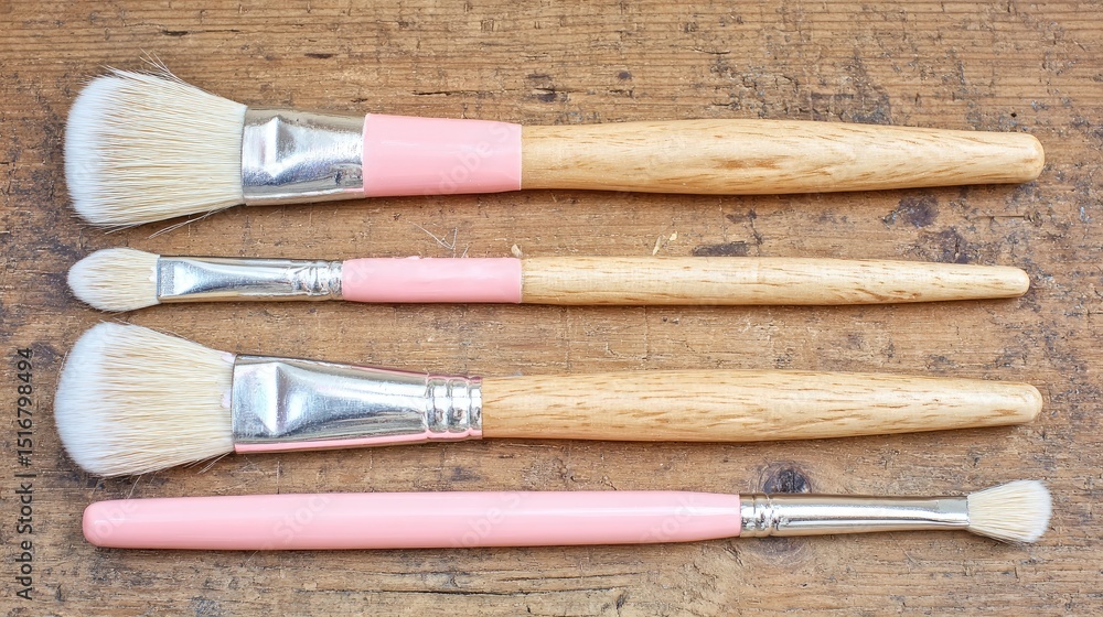 Fototapeta premium 4 makeup brushes with pink bristles on the top of an oak table