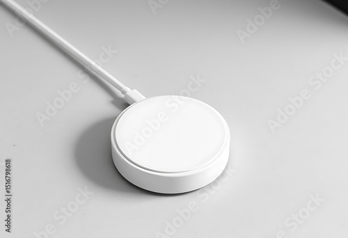 Wireless charging station with a white cable, circular design.