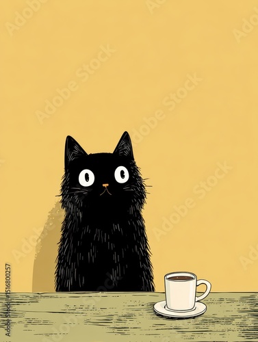 Black cat sitting at a table with a small cup in a cozy cafe setting