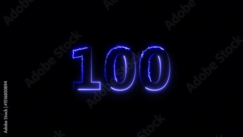 Number 100 neon bright blue color 4k illustration.