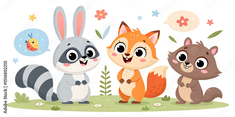 Naklejka premium Three cute cartoon animals, a raccoon, a fox, and a squirrel, standing together
