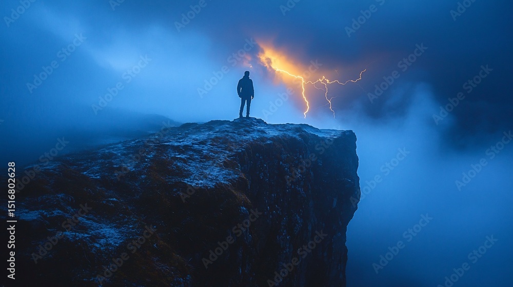 Obraz premium Lone figure on peak watches golden lightning strike amidst a misty, blue landscape