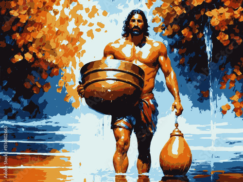 Hombre fuerte llevando vasijas de agua, acuario , 10 colores
