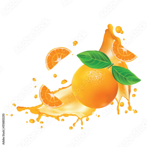 Orange juice splash banner with fruit pieces isolated on white background