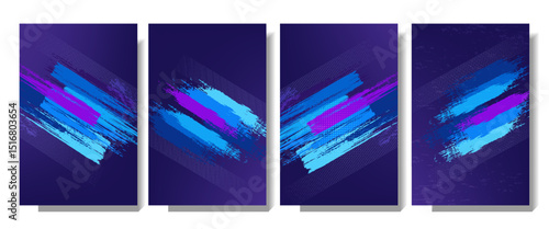 Bright Blue and Purple Brush Texture Set Halftone Effect Grunge Sports Background for Dynamic Banner or Poster Design with Energetic and Active Mood.