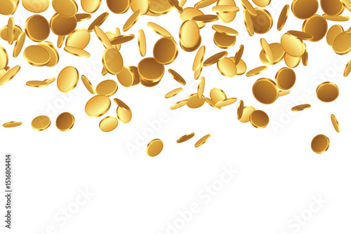 Pile of falling gold coins isolated on white background