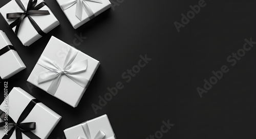 White gift box with black and silver ribbons on black background. Holiday present for birthday, Christmas, Black Friday, anniversary celebration.