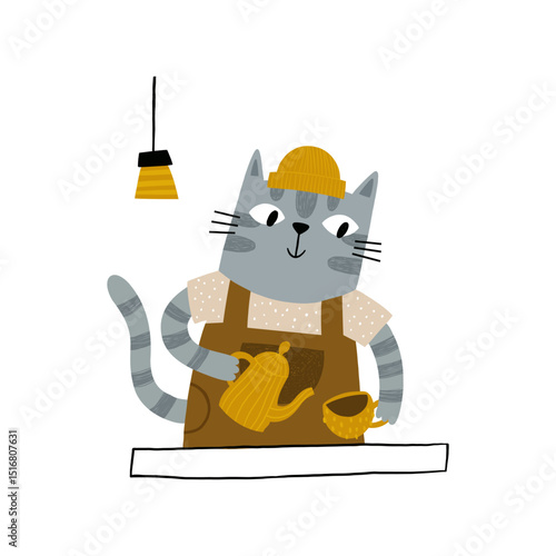 vector illustration of a cute cat barista making coffee
