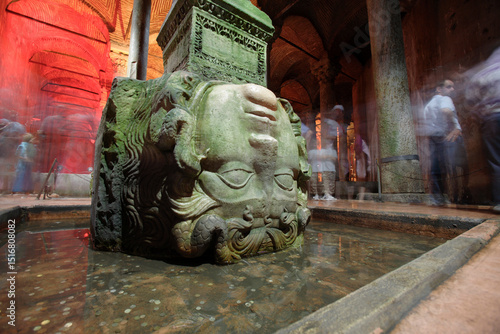 Photography Medusa head column at Yerebatan Saray, Basilica cistern, Istanbul, Turkey