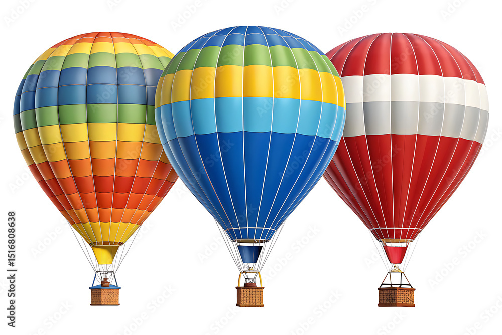 Fototapeta premium Three colorful hot air balloons with striped patterns floating against a white background sky view