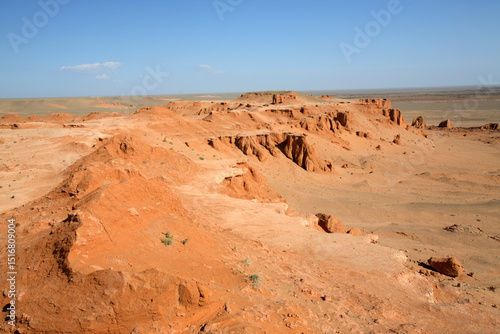 Panorama of the red earth of Bayanzag flaming cliffs, aka dinosaur cemetery, Gobi Desert, Mongolia